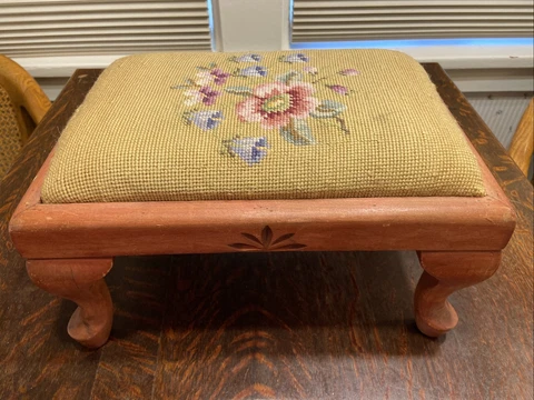 Vintage Handmade Needlepoint Footstool Wood Victorian Floral Gold Cover