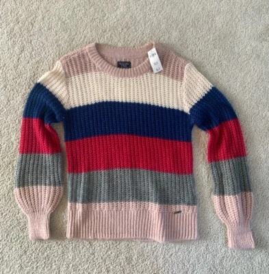 Abercrombie & Fitch女式粉色海军蓝金属条纹羊驼混纺毛衣大号 — 第 1/4 张图片