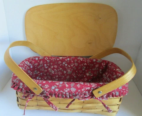 Vtg. PETERBORO Wood Picnic Basket Double Wood Handles Fabric Lined Leather Hinge Cover