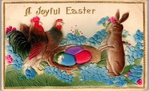 Easter - A Joyful Easter - Rabbit Rooster Hen Colored Eggs Vintage Postcard TT1 - Picture 1 of 2