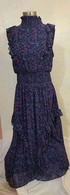 Lulus womens Evelina Navy Blue Floral Print Mock Neck Midi Ruffles Dress size L - Image 1 of 4