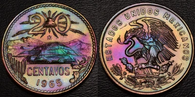 aUNC 1965 México 20 Centavos PRECIOSO ARCO IRIS TONIFICACIÓN OBV y Rev (L50-39) Foto 1 de 3