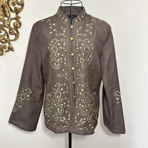 Silk Land Silk Pearl Button Jacket Women Size LG Brown with Green Embroidery - Picture 1 of 11