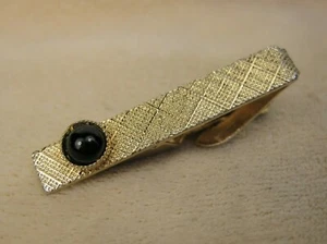 Vintage Small Textured Gold Tone Black Onyx Rectangle Tie Bar Clasps USA Made - Picture 1 of 4