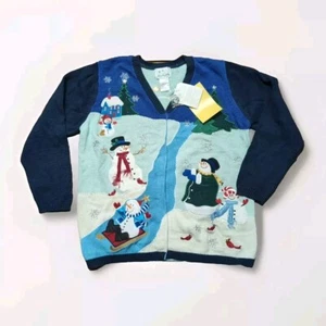 Quacker Factory Womens Embroidered Cardigan L Christmas Snowman Birds Holiday - Picture 1 of 7