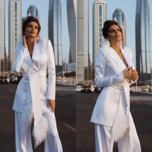 Women's Fashion Style Suits 2 Pieces Ostrich Feathers Jacket Trousers with Belts - Picture 1 of 14