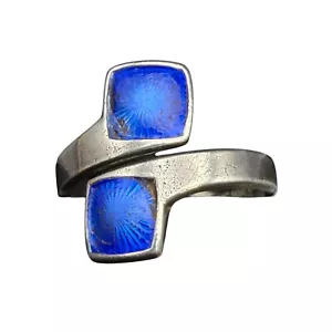 VTG Aksel Holmson Norway 925S Sterling Silver Blue Guilloche Enamel Ring Signed - Picture 1 of 7