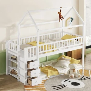 Wood Twin Size House Bed Frame Bunk Bed W/Storage Shelves/Drawers White For Kids - Picture 1 of 9