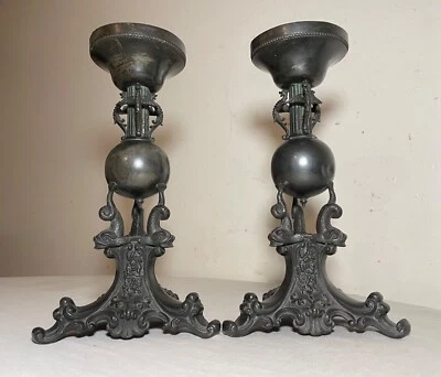 antique 19th century silverplate ornate figural dolphin candlestick holders - Image 1 of 4