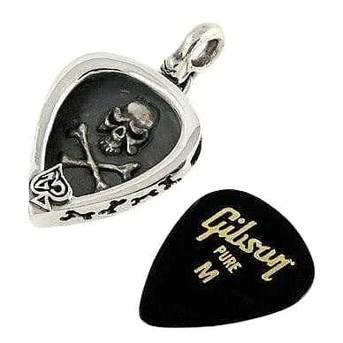 Collar Colgante Plata Esterlina Calavera Hueso Cruzado Guitarra Pick Holder Motociclista Gótico Foto 1 de 4