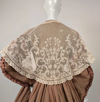 HAND MADE ANTIQUE 1830’S TAMBOUR + LACE PELERINE CAPE FOR DRESS - Image 1 of 4