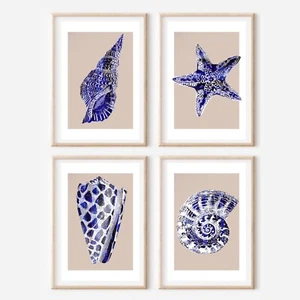 4 Coastal Blue And White Shell Art Gallery Wall Coral - Picture 1 of 5