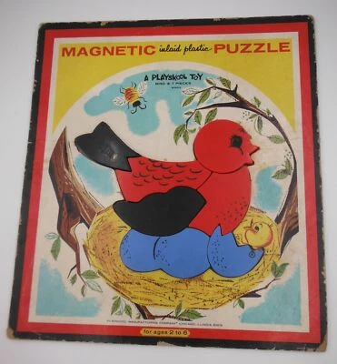 Quebra-cabeça de plástico embutido magnético Playskool 1963 pássaros Playskool no ninho - Imagem 1 de 4
