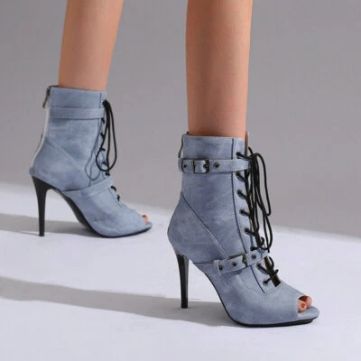 Women's Peep Toe Sandals Ankle Boots Gladiator Lace Up Stiletto Heel Shoes Chic - Image 1 of 4