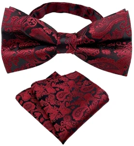 New Mens Pre-Tied adjustable Bow Tie Paisley Red Black Silk Bowtie Hanky Party - Picture 1 of 1