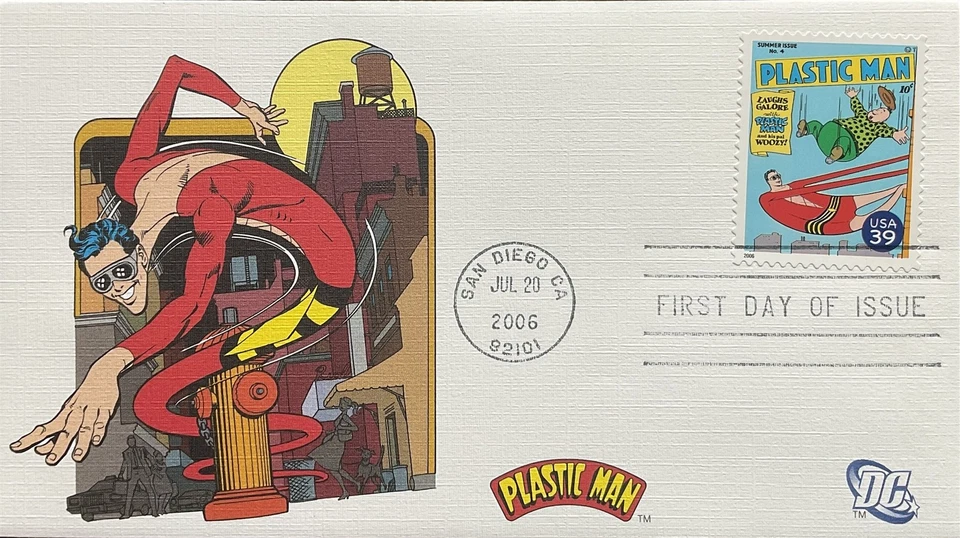 Sello de portada de libro Fleetwood 4084 Plastic Man DC Comics San Diego CA  Foto 1 de 1