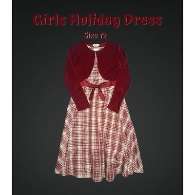 Bonnie Jean Red Ivory & Metallic Bow Front Plaid Dress with Cardigan Size 12 - Image 1 of 4