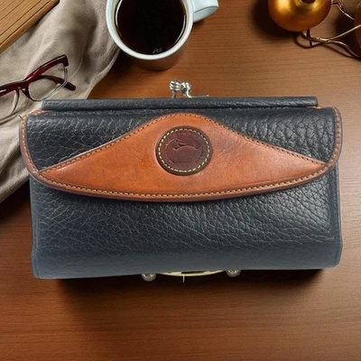 Cartera sin asas DOONEY & BOURKE azul marino tostado vintage bloqueo de beso doble pliegue clásico Foto 1 de 4