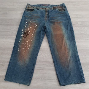 Pantalone uomo denim blu dipinto a mano vintage Y2K Miskeen Originals taglia 42 - Foto 1 di 17