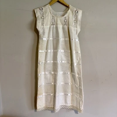 Vintage 70s Ivory Knit Tunic Dress Crochet Handmade Mexican Boho Festival M Vtg - Image 1 of 4