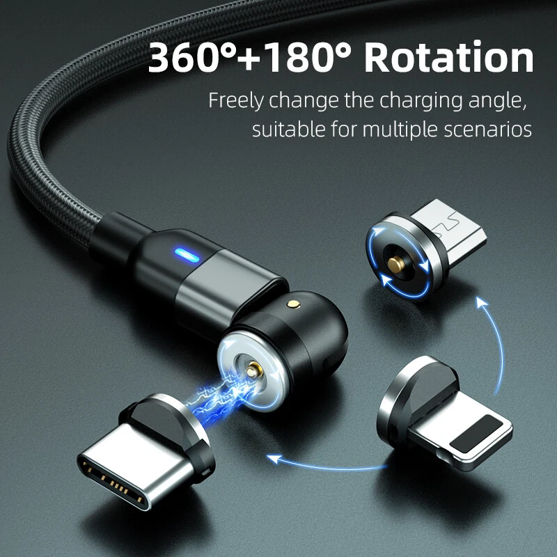 540° - 360°/180° Fast Magnetic Charger Cord Type C / Micro USB and lOS Plugs - Image 1 of 4