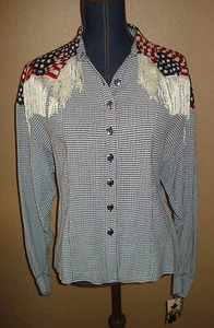 PAMELA BRANDT Western Cowgirl Checkered Stars & Stripes Fringe Top Size M NWT - Picture 1 of 4