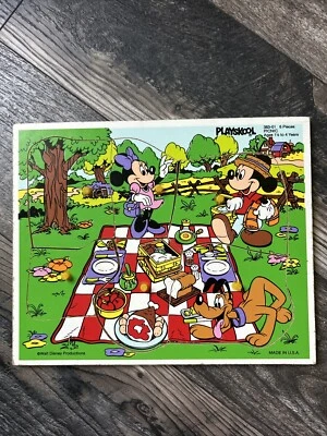 Rompecabezas de picnic Mickey de madera vintage de Disney Playskool hecho en EE. UU. Foto 1 de 4