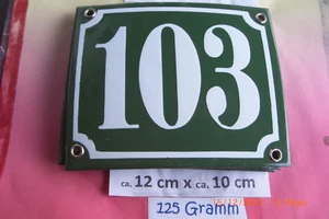 Hausnummer Nr. 103 weiße Zahl auf gras - grünem Hintergrund 12 cmx10 cm Emaille - Picture 1 of 12