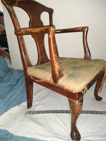 Child's Chair Queen Anne Revival Needle Point Seat Blue Flowers antique Cover
