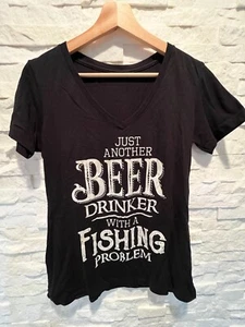 EUC Damen THREADROCK Biertrinker & Angeln Problem S/S V-Ausschnitt T-Shirt schwarz L - Bild 1 von 4