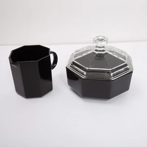 1980s Arcoroc France Octime Black Sugar Candy Bowl & Creamer Cup Octagon Gothic - Picture 1 of 7