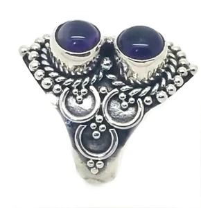 New 925 Sterling Silver Balinese  Ring with 2 Dark Purple Amethyst Gemstones - Picture 1 of 7