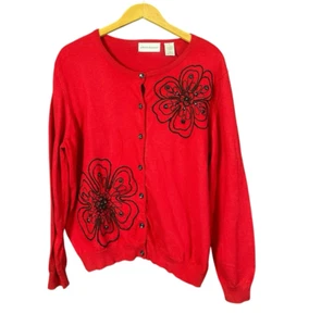 Alfred Dunner Strickjacke rot Blumen Gr. XL bestickt Schmuck Wollmischung - Bild 1 von 10