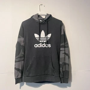 Adidas Mens Trefoil Hoodie Size S Grey Camo Sleeves All Cotton Sweatshirt - Picture 1 of 8
