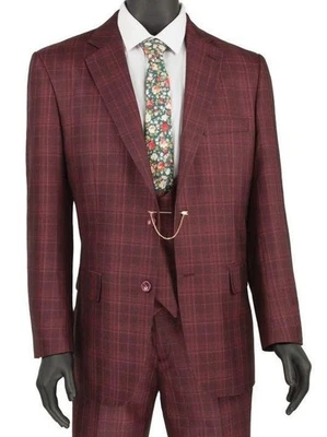 Vinci Men's Regular Fit Glen Plaid 2-Button 3-Piece Suit Burgundy - Image 1 of 2