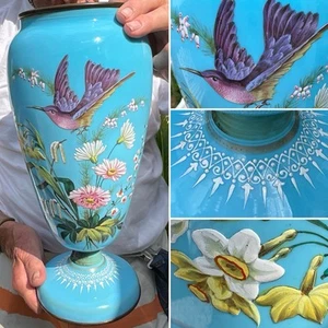 HUGE ANTIQUE MOSER BACCARAT BLUE OPALINE VASE ENAMEL HUMMINGBIRD GOLD BRONZE 15” - Picture 1 of 19