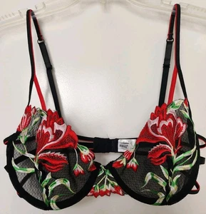 Rampage Women's Black Lace Embroidered Red Roses floral Bra Size 38C NWOT - Picture 1 of 4