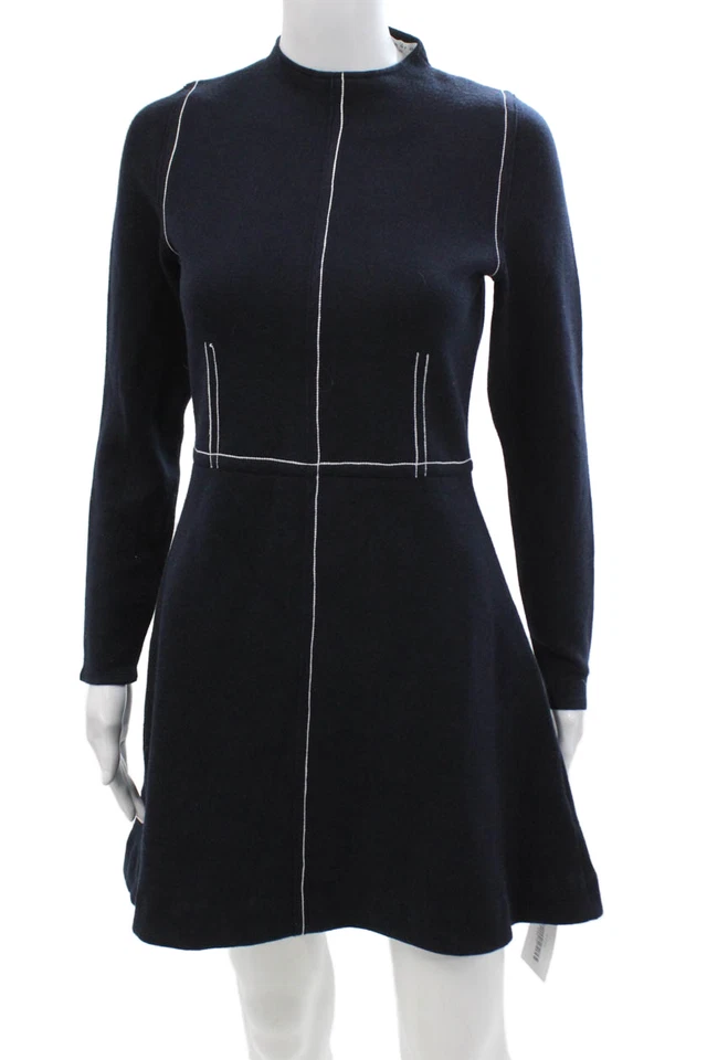 Vestido suéter Sandro para mujer línea A azul oscuro cuello falso manga larga cremallera talla S Foto 1 de 4