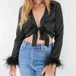 Blue B Womens Black Satin Long Sleeve Tie Front Crop Top Large Feather Cuff - Picture 1 of 7