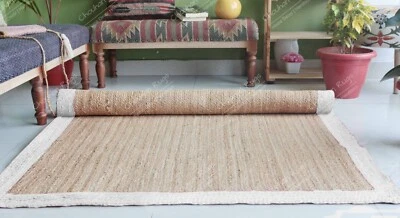 Natural Jute Hand Braided Beige Jute Rug With White Border Rug For Entryway Rug - Image 1 of 4