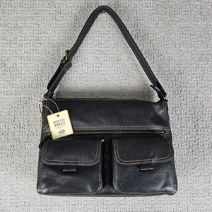 NWT Vintage Fossil Black Leather Shoulder Bag Messenger Purse Biker Saddle - Picture 1 of 17