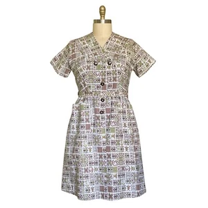 Vintage 1950s Plus Size Chartreuse & Brown Print Dress | 1950s Plus Size Dress - Picture 1 of 10