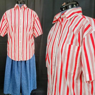 Top De Colección Huntington Ridge Rojo y Blanco "Candy Cane" Rayas S/S Abotonado Talla M Foto 1 de 4