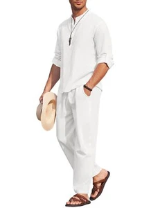 COOFANDY Men's 2 Pieces Cotton Linen Long Sleeve Henley Shirts 4XL - Picture 1 of 8