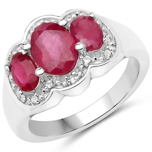Rhodium Plated Sterling Silver Ring Embellished With Glass Filled Ruby And Wh... - Picture 1 of 3