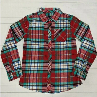 Camisa Land's End de franela a cuadros roja y verde azulado con botones para niñas 7-8 Foto 1 de 4
