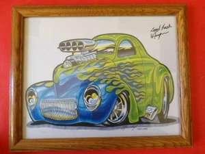VINTAGE 1940 WILLYS GASSER W.A. HARPER CARTOON ART FIRMATO DALL'ARTISTA INCORNICIATO - Foto 1 di 1