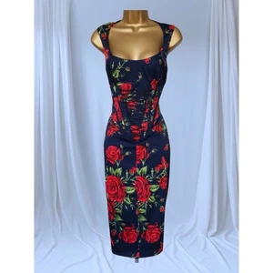 Vintage Karen Millen UK 14 Red Rose Print Pencil Dress Amy Winehouse - Picture 1 of 11