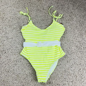 No Boundaries Women’s One Piece Swimsuit Neon Yellow White Striped New Medium  - Picture 1 of 8