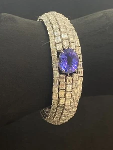 36,30 Ct Emeraude Forme Naturel Diamants Tanzanite Tennis Bracelet 18K Or blanc - Foto 1 di 16